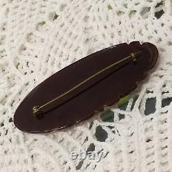 Vintage Bakelite Lapel Pin PURPLE Carved With Gold Leaves Rare and Unusual