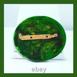 Vintage Bakelite Large Thick Marbled Green End Of Day Brooch Pin NewithOld Stock