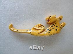 Vintage Bakelite Leopard Cat Brooch Pin! Carved & Painted Dots! Tested
