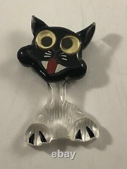 Vintage Bakelite Lucite Googly Eyes Cat Pin Brooch Carved Halloween Black White