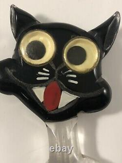 Vintage Bakelite Lucite Googly Eyes Cat Pin Brooch Carved Halloween Black White