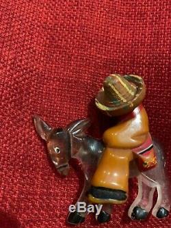Vintage Bakelite & Lucite Mexican Man on Burro Sombrero Figural Brooch Pin