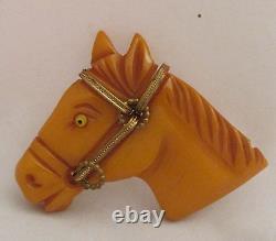 Vintage Bakelite Marbed Butterscotch Horse Head Glass Eye Brass Trim Pin Brooch