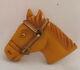 Vintage Bakelite Marbed Butterscotch Horse Head Glass Eye Brass Trim Pin Brooch