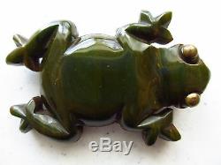 Vintage Bakelite Marbled Green Frog Pin with Brass Eyes Laminated on Wood