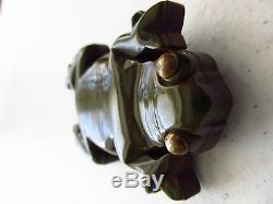 Vintage Bakelite Marbled Green Frog Pin with Brass Eyes Laminated on Wood