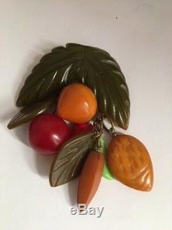 Vintage Bakelite Multi Fruit On Leaves Pin /brooch