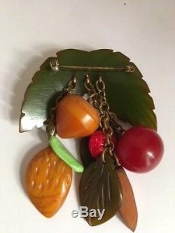 Vintage Bakelite Multi Fruit On Leaves Pin /brooch