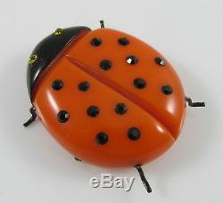 Vintage Bakelite Orange & Black Figural Ladybug Pin Brooch withGlass Stones