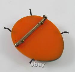 Vintage Bakelite Orange & Black Figural Ladybug Pin Brooch withGlass Stones
