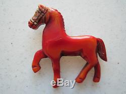 Vintage Bakelite Overdyed Red Carved Walking Horse Pin Glass Eye