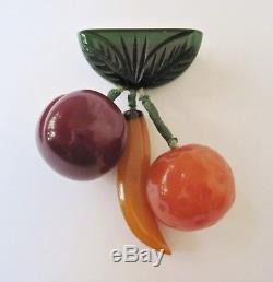 Vintage Bakelite Pin Brooch Dangling Fruit Orange Banana Cherry
