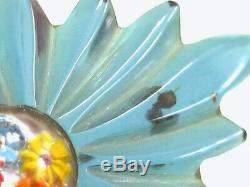 Vintage Bakelite Pin Brooch Teal Blue Prystal Color Painted Floral Glass Center