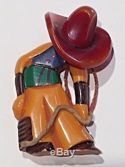 Vintage Bakelite Pin COWBOY Figural LARGE HAT Brooch Original Painted EXCELLENT