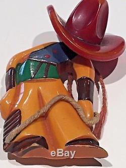 Vintage Bakelite Pin COWBOY Figural LARGE HAT Brooch Original Painted EXCELLENT
