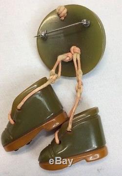Vintage Bakelite Pin- Hat With 2 Dangling Boots (c58)