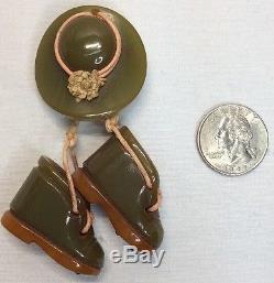 Vintage Bakelite Pin- Hat With 2 Dangling Boots (c58)