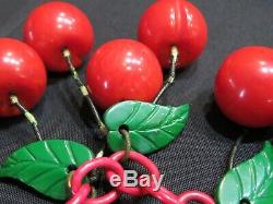 Vintage Bakelite Red Bar withEight Dangling Carved Cherries Pin/Brooch