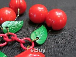 Vintage Bakelite Red Bar withEight Dangling Carved Cherries Pin/Brooch