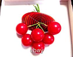Vintage Bakelite Red Cherries & Carved Log Brooch Pin MCM