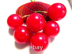 Vintage Bakelite Red Cherries & Carved Log Brooch Pin MCM