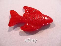 Vintage Bakelite Red Deeply Carved Fish Pin with Glass Eye