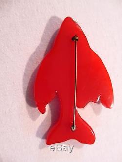 Vintage Bakelite Red Deeply Carved Fish Pin with Glass Eye