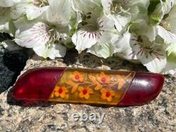 Vintage Bakelite Reverse Carved Apple Juice & Cherry Red Painted Flower Brooch
