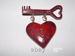 Vintage Bakelite SWEETHEART HEART KEY to MY HEART Brooch, Pin
