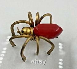 Vintage Bakelite Spider Brooch Large Brass Red Rare Pin Insect Art Deco 3D Bug