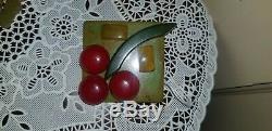 Vintage Bakelite Square Geometric Cherry Fruit Brooch Pin