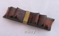 Vintage Bakelite Translucent Root Beer&Brown Laminated Striped Ribbon Bow Pin