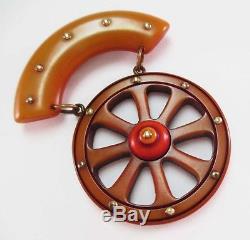 Vintage Bakelite Wagon Wheel Brooch Hand Carved Resin Wash Over Dyed Pin Rare