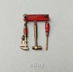 Vintage Bakelite brooch/pin dangling tools hammer, screwdriver, wrench, 1940s