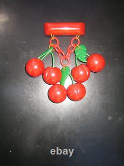 Vintage Bakelite red Cherries Bar Brooch Pin Carved
