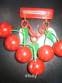 Vintage Bakelite red Cherries Bar Brooch Pin Carved