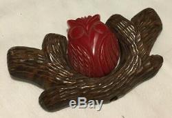 Vintage Bakelite red and brown owl pin