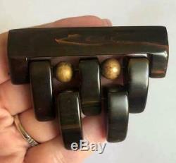 Vintage Big Chunky Tiered Bakelite Brooch Swirled Brown 1940s Pin Brass Studs