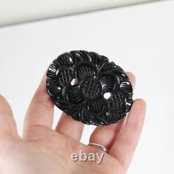 Vintage Black Bakelite Oval Flower Clover Carved Brooch Pin