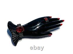 Vintage Black Bakelite Red Enamel Crystal Hand Brooch