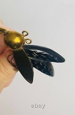 Vintage Black Carved Bakelite + Metal Large Bird Brooch 1940s Early Plastic Pin