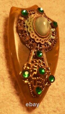 Vintage Brooch Bakelite Fur Clip Rhinestone Opalescent Gold Green Pendant Pin