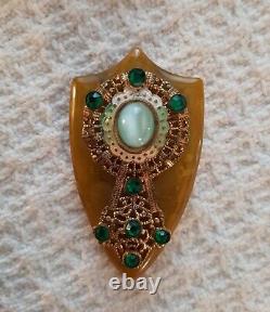 Vintage Brooch Fur Clip Pin Opalescent Stone Amber Bakelite