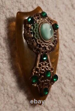 Vintage Brooch Fur Clip Pin Opalescent Stone Amber Bakelite Maltese