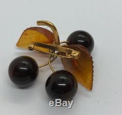 Vintage Brooch Pin Bakelite Cherry Mid Century Modern Leaf Flower Brown