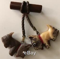 Vintage Brown Bakelite Bar Pin with 2 Dangle Scottie Dogs
