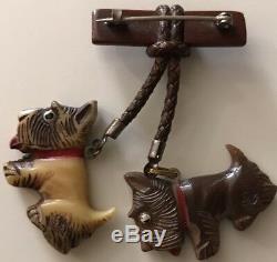 Vintage Brown Bakelite Bar Pin with 2 Dangle Scottie Dogs