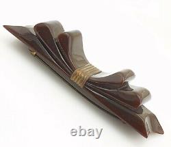 Vintage Brown Bakelite Bow Ribbon Brooch Pin Carved Costume Jewellery Jewelry
