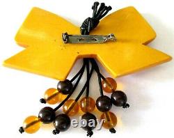 Vintage Butterscotch BAKELITE Bow With Dangling Beads Pin/Brooch