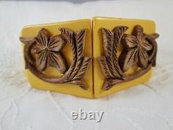 Vintage Butterscotch Bakelite & Carved Wood Clamper Bracelet and Pin Brooch